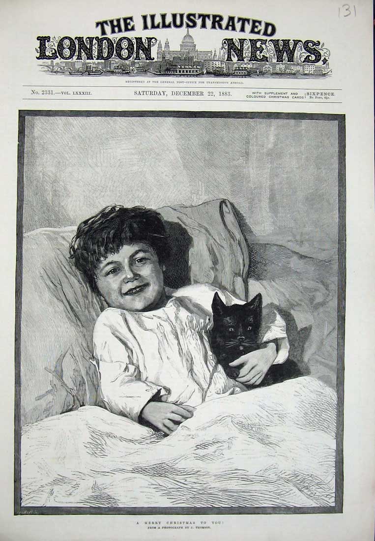 Original Old Antique Print 1883 Christmas Little Boy Bed Cat Kitten Thomson