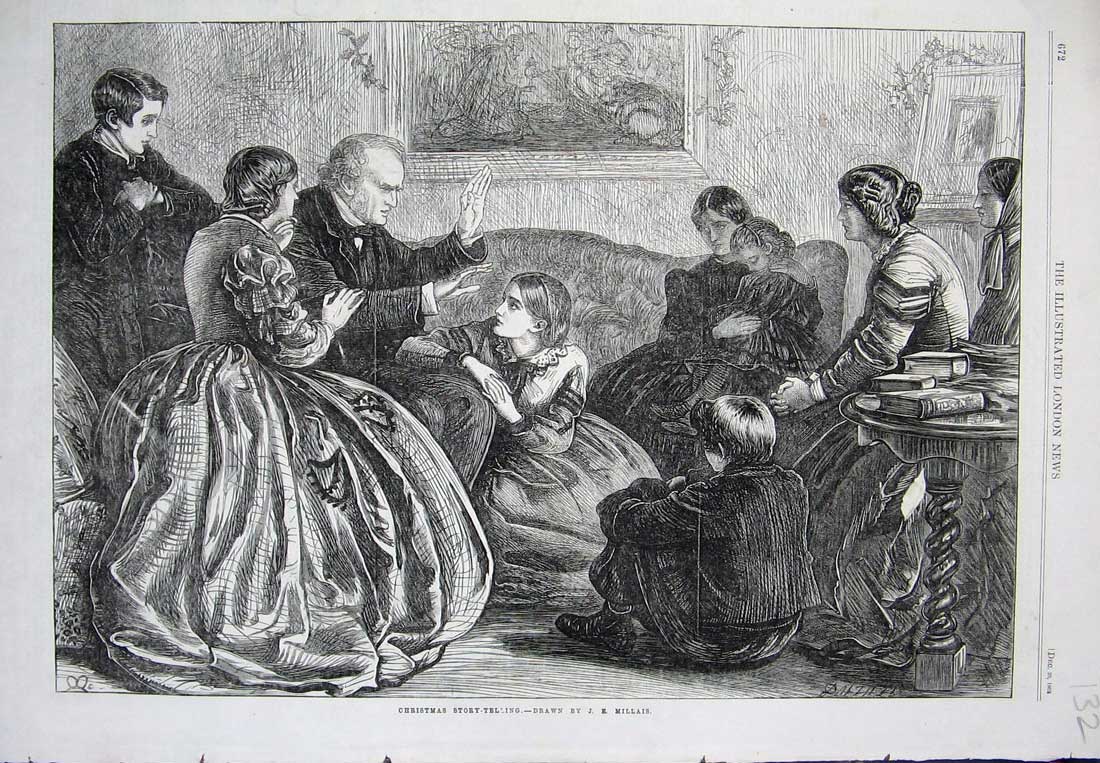 Original Old Antique Print 1862 Christmas Story Telling Family Millais Fine Art