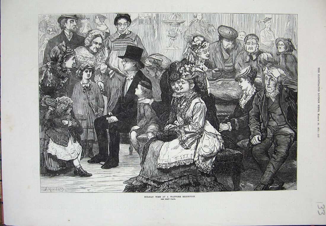 Original Old Antique Print 1872 Holiday Time Waxwork Exhibition People Macbeth