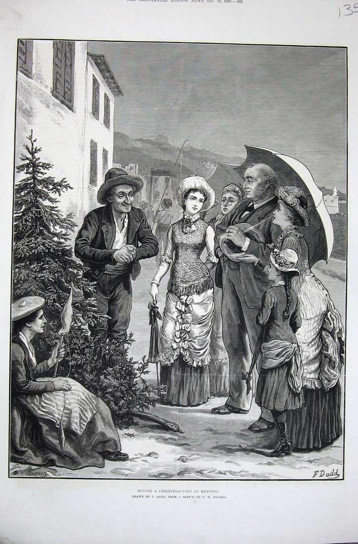 Old Antique Print 1880 Christmas Tree Mentone Family Children Thomas Art 19th