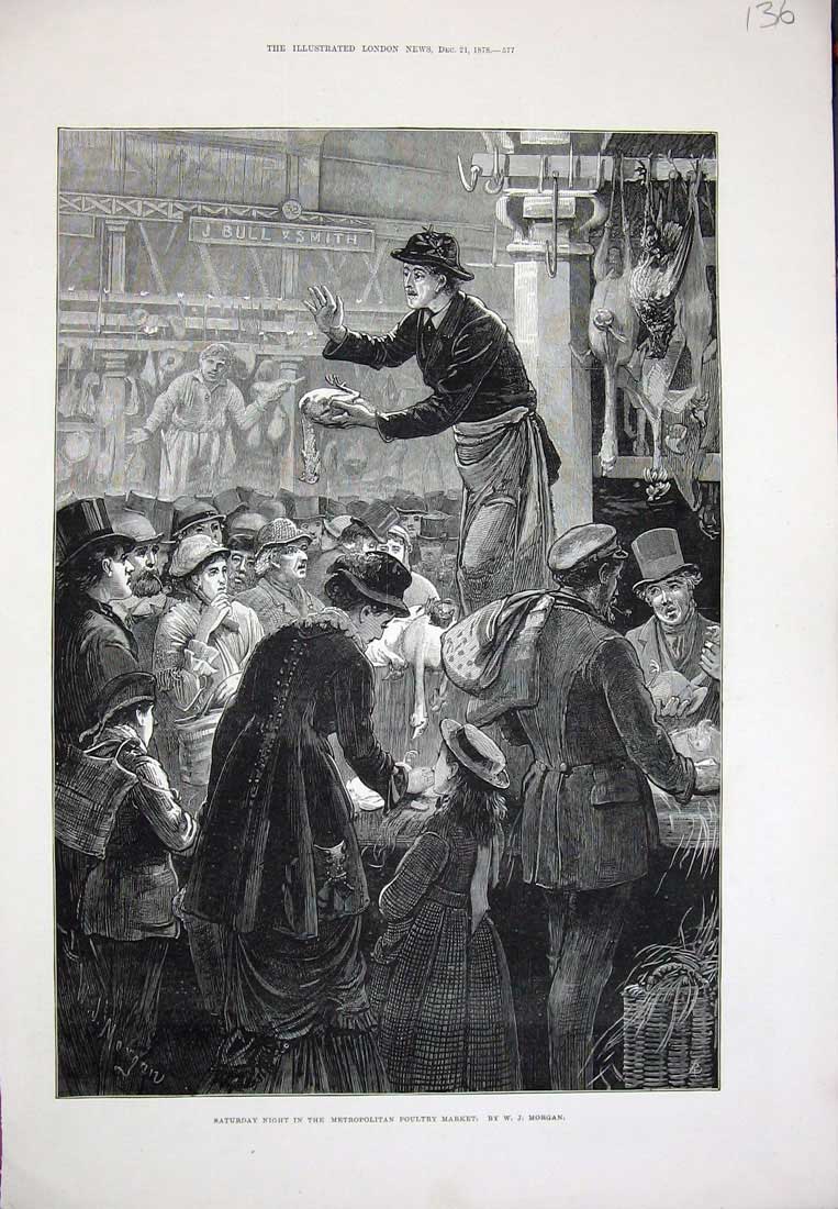Old Antique Print 1878 Sale Metropolitan Poultry Market Morgan Fine Art 19th