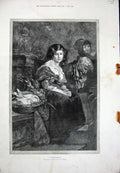 Original Old Antique Print Munich Fine Art 1894 Young Woman Church Doves Birds