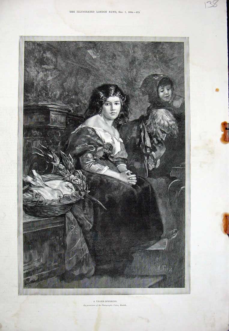 Original Old Antique Print Munich Fine Art 1894 Young Woman Church Doves Birds