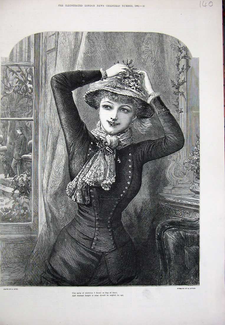 Original Old Antique Print 1882 Christmas Mistletoe Lady Woman Hat Fine Art
