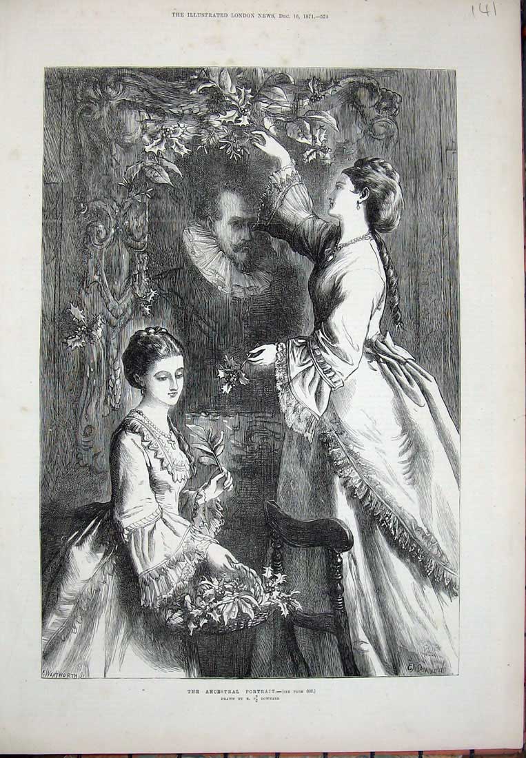 Old Antique Print 1871 Ancestral Portrait Ladies Decorating Holly Downard 19th