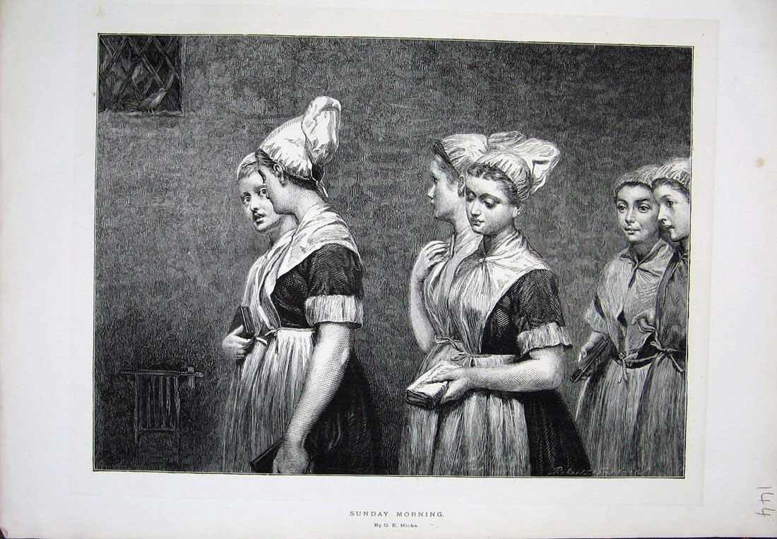 Old Antique Print 1872 Hicks Fine Art Young Women Sunday Morning Church 19th