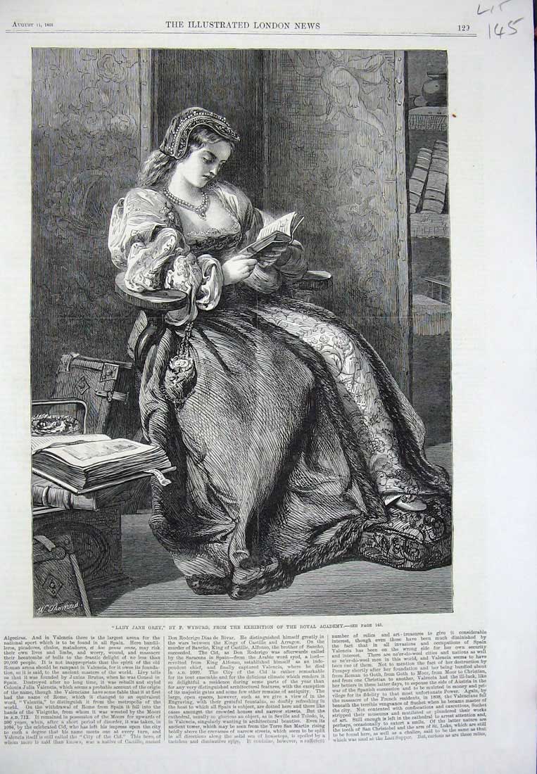 Original Old Antique Print 1866 Portait Lady Jane Grey Reading Book Wyburd Art
