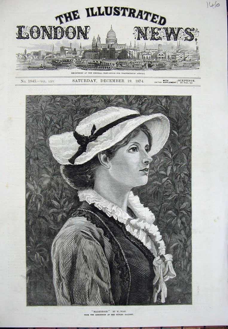 Original Old Antique Print 1874 Portrait Maidenhood Lady Hat Wise Dudley Art