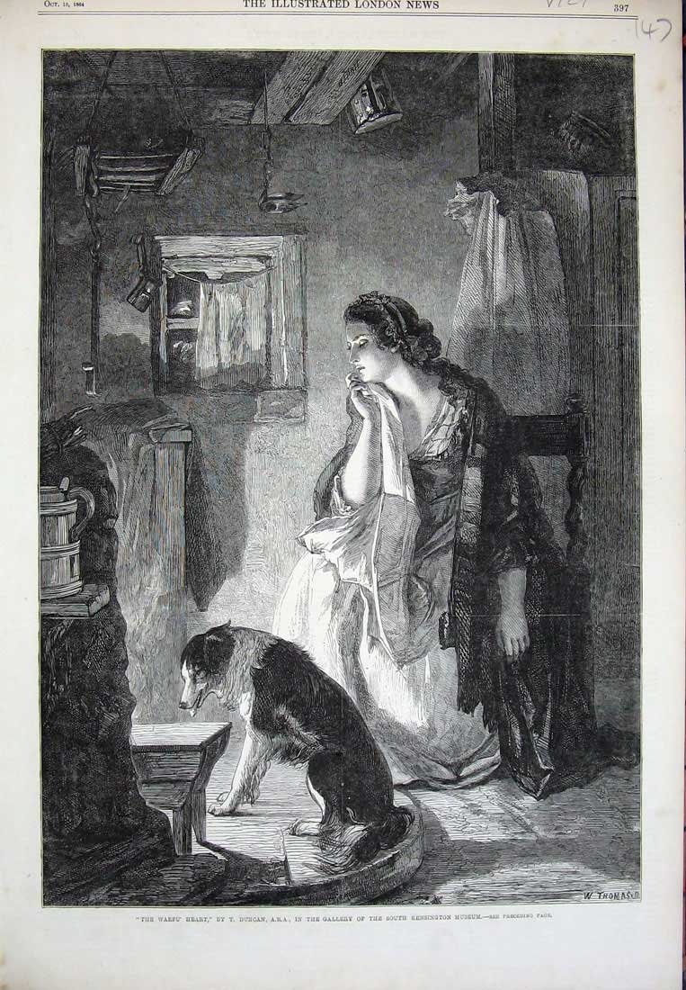 Old Antique Print Waefu Heart 1864 Woman Lady Puppy Dog House Kensington 19th