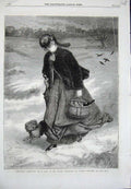 Original Old Antique Print 1869 Christams Charities Woman Snow Dog Basket Birds
