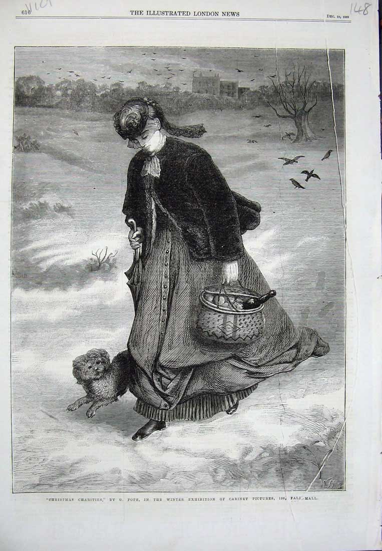 Original Old Antique Print 1869 Christams Charities Woman Snow Dog Basket Birds
