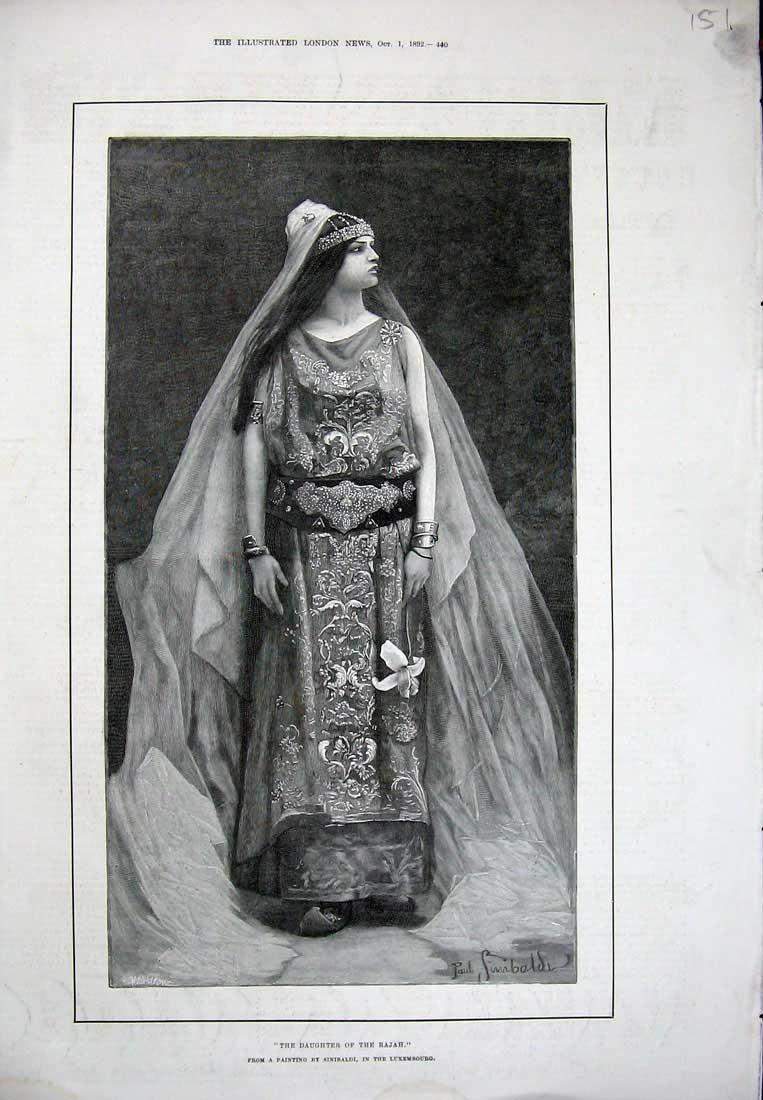 Original Old Antique Print 1892 Portrait Daughter Rajah Girl Sinibaldi Art 19th