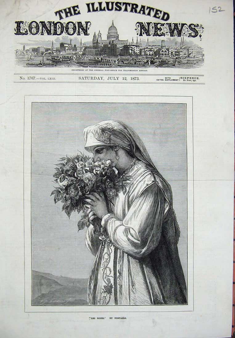 Original Old Antique Print 1873 Portrait Les Roses Woman Lady Flowers Art 19th