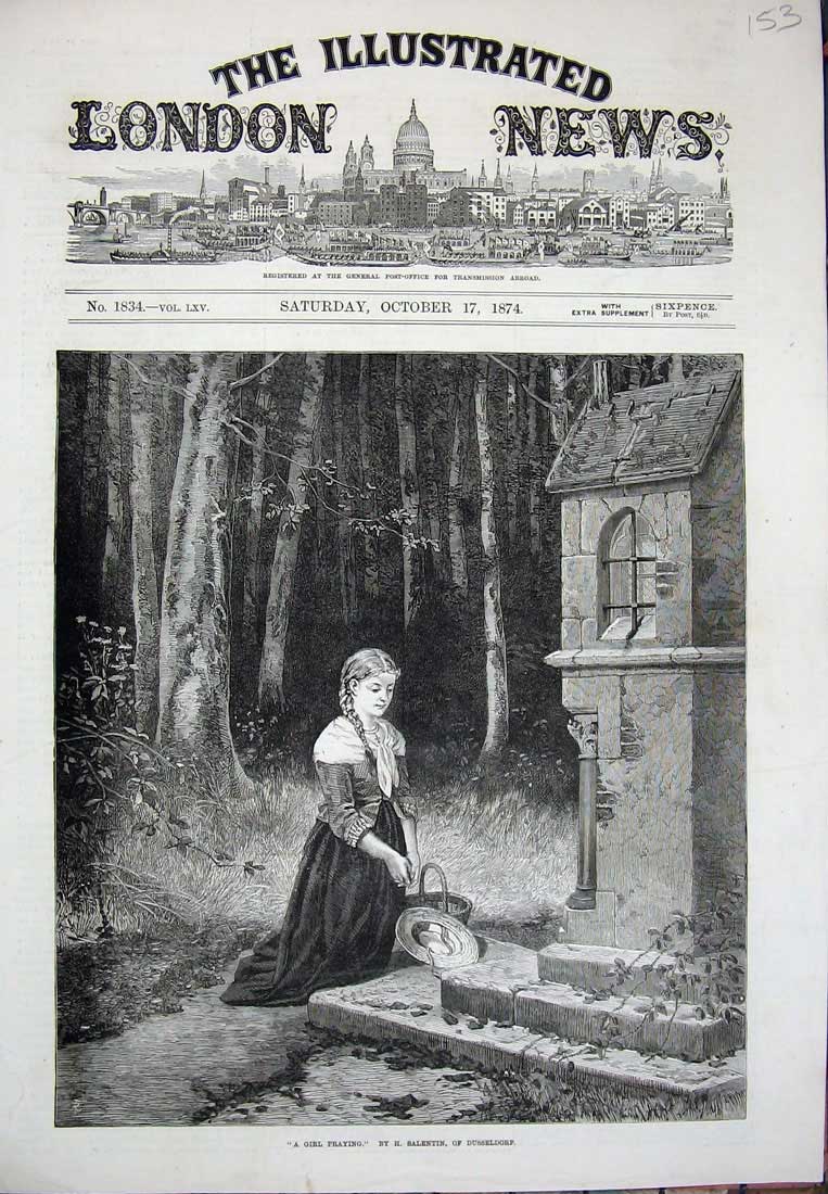 Old Antique Print 1874 Salentin Dusseldorf Art Young Girl Praying Trees 19th
