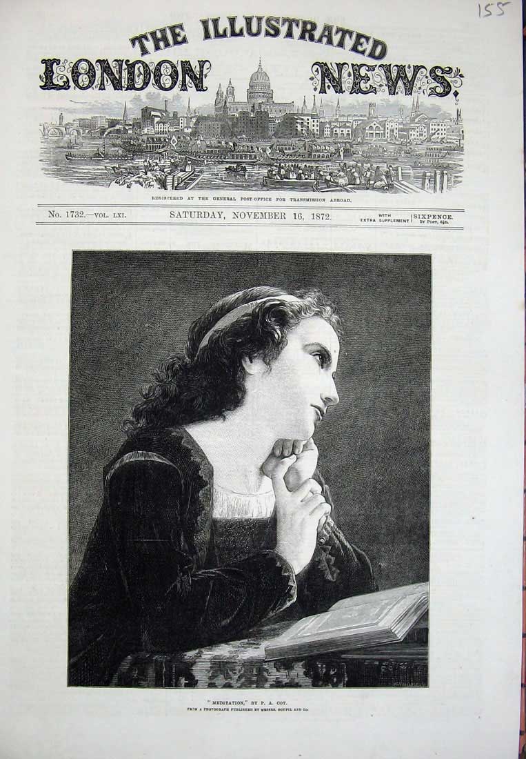 Original Old Antique Print 1872 Portrait Lady Woman Meditation Cot Art 19th