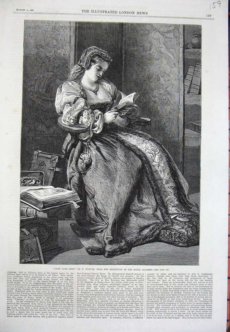 Original Old Antique Print 1866 Lady Jane Grey Reading Book Wyburd Victorian