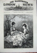 Original Old Antique Print 1874 Country Scene Young Women Reading Trees Flowers