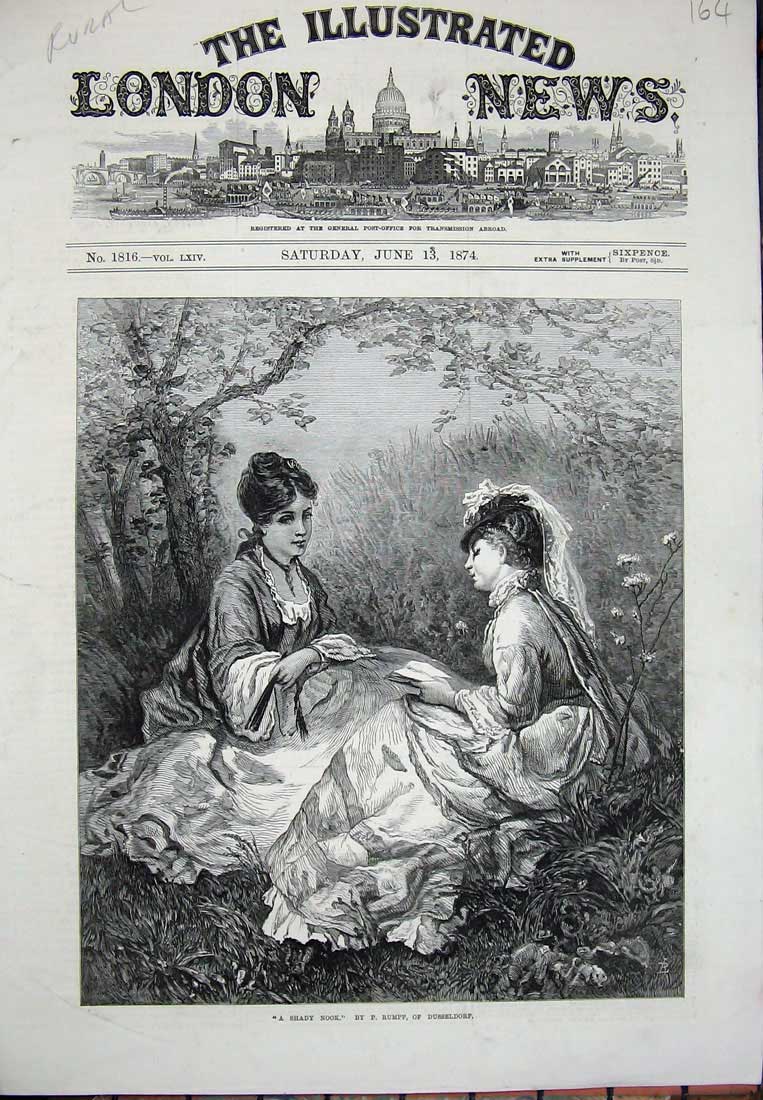 Original Old Antique Print 1874 Country Scene Young Women Reading Trees Flowers