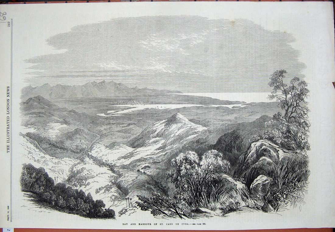 Old Antique Print View Bay Harbour St Jago De Cuba 1869 Mountains Trees 19th