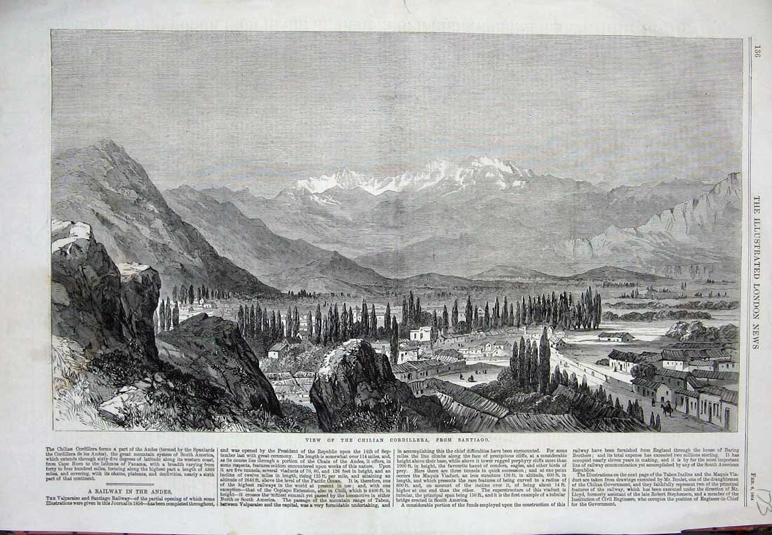 Antique Old Print *0302 1864 View Chilian Cordillera Santiago Mountains Trees