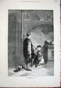 Original Old Antique Print 1871 Huard Fine Art French Little Girl Praying Tomb