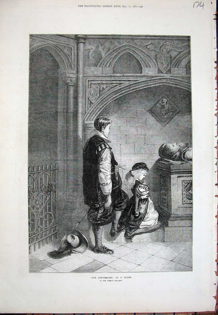 Original Old Antique Print 1871 Huard Fine Art French Little Girl Praying Tomb