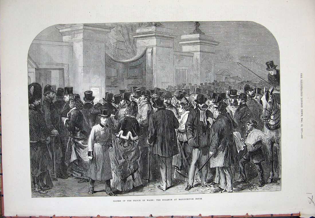 Original Old Antique Print Illness Prince Wales 1871 Bulletin Marlborough House