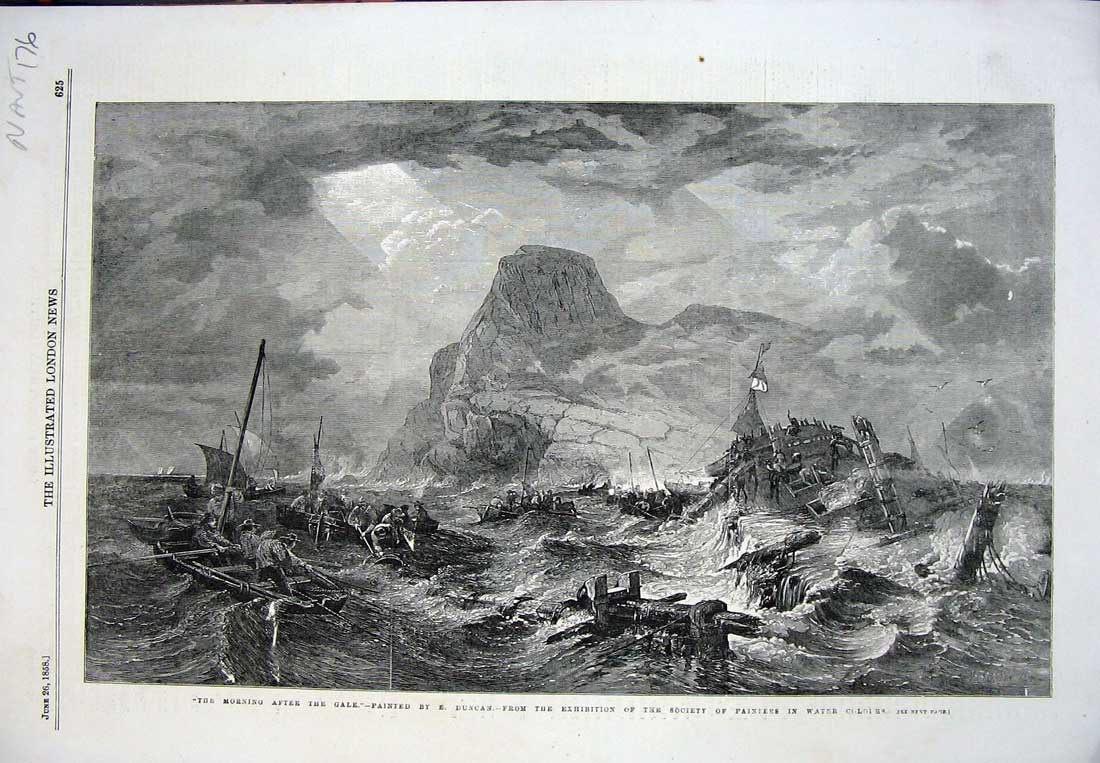 Old Antique Print 1858 Ships Stormy Sea Gale Boats Rocks Duncan Fine Art 19th