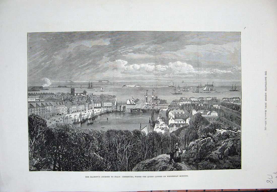 Old Antique Print 1879 Queen Journey Italy Cherbourg Ships Town Trees Art 19th