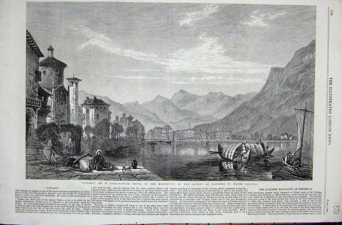 Antique Print Ref.980 View Lugano Canton Tessin Italy 1865 Ticino Mountains