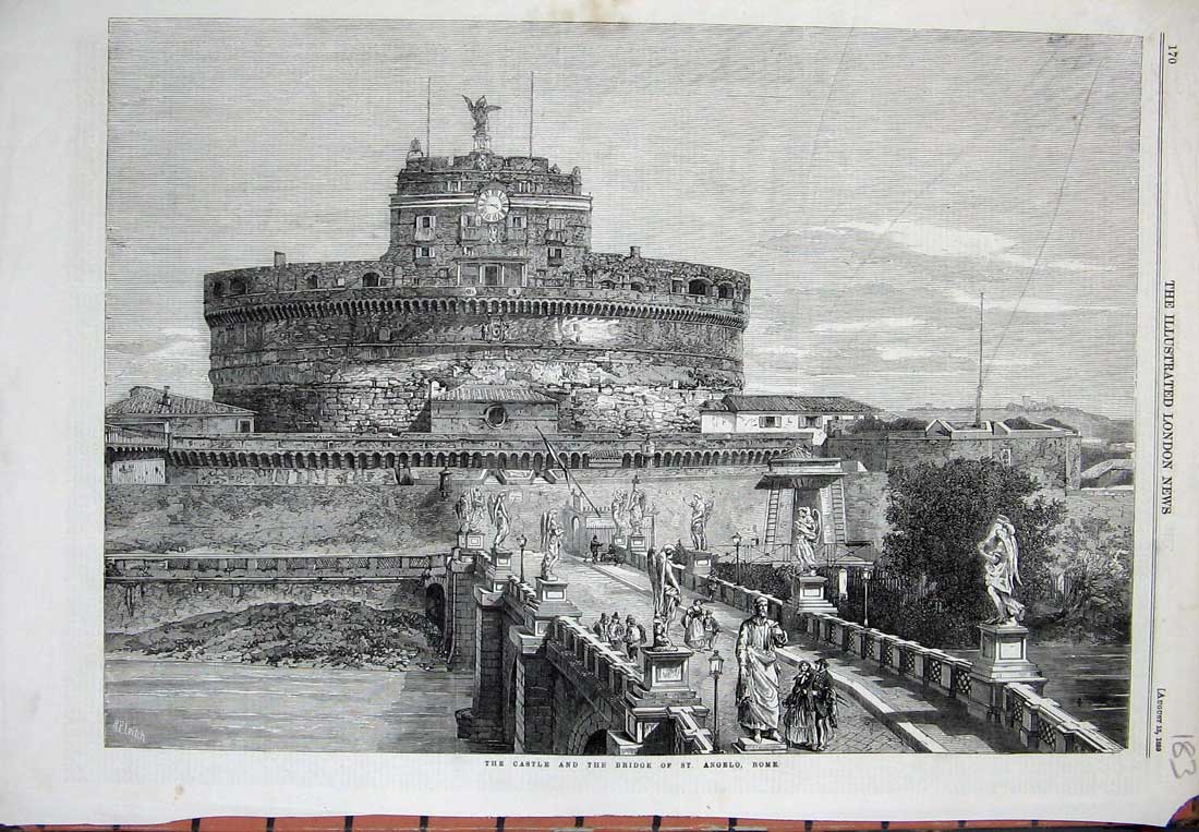 Old Antique Print 1859 View Castle Bridge St Angelo Rome Bridge Fine Art 19th