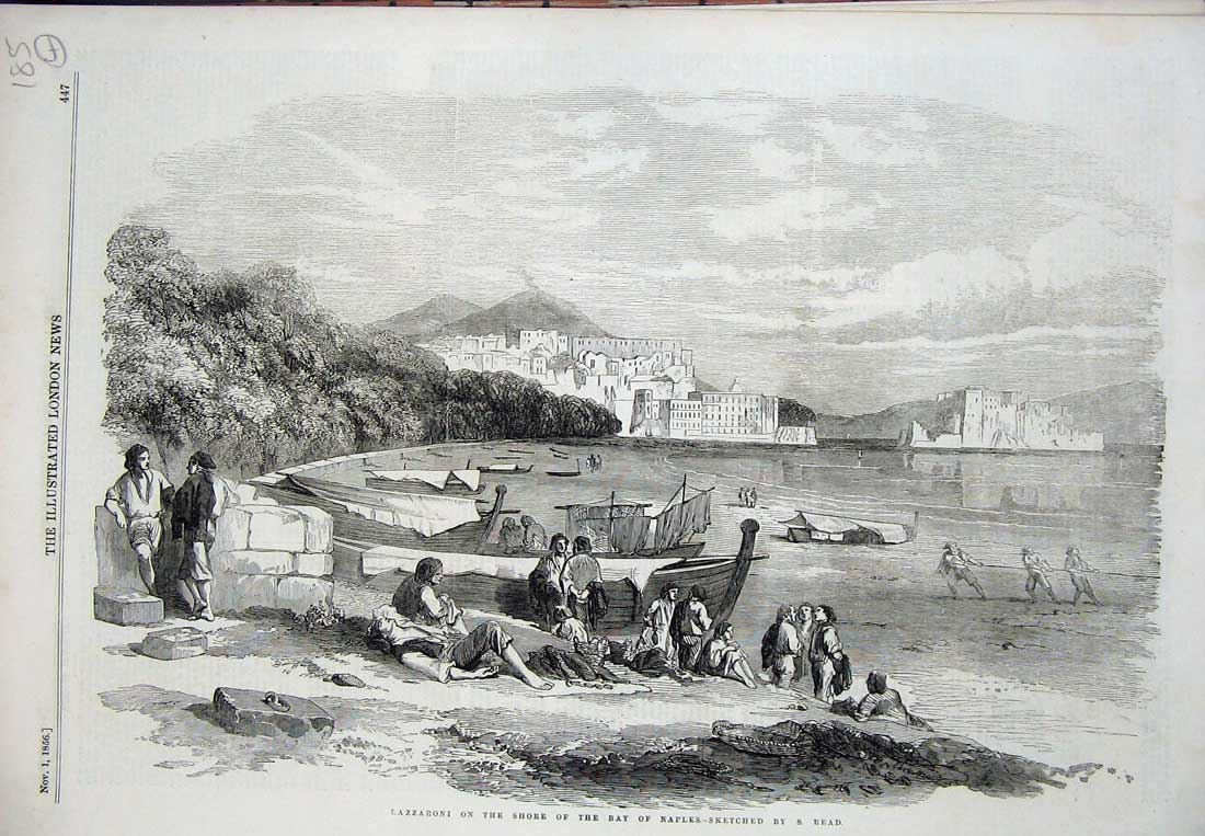 Old Antique Print 1856 View Lazzaroni Shore Bay Naples Italy People Boat 19th