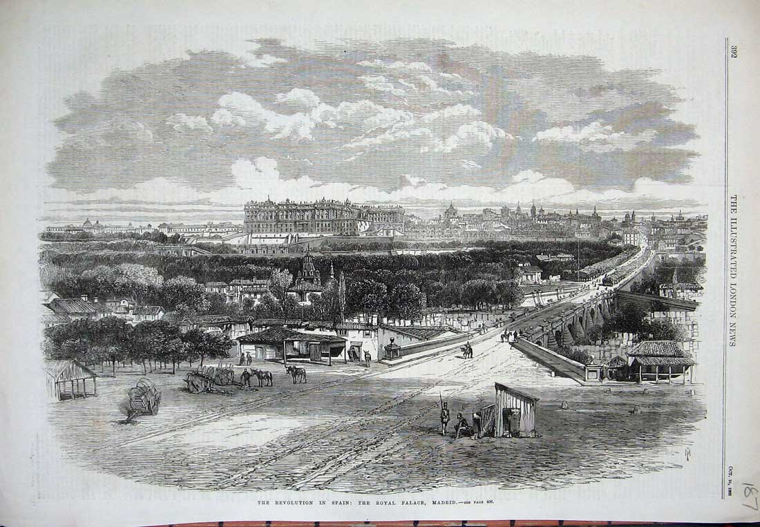 Original Old Antique Print 1868 Revolution Spain Royal Palace Madrid Town Trees