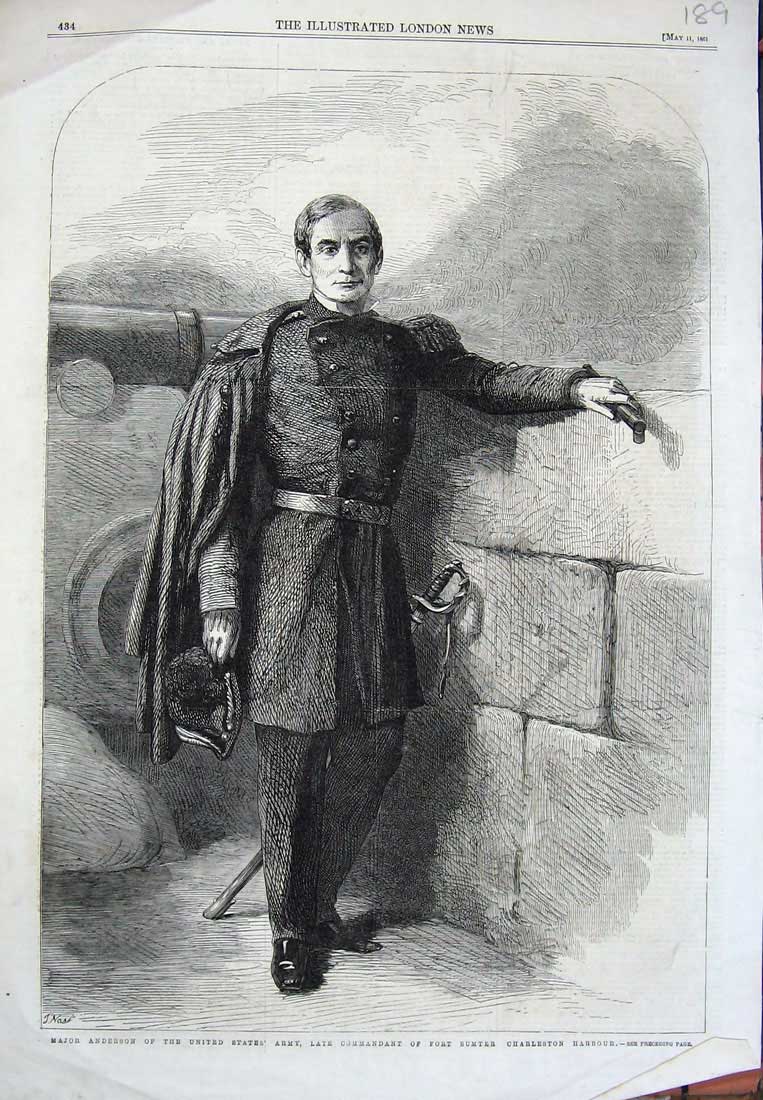 Old Antique Print 1861 Major Anderson America Army Fort Sumter Charleston 19th