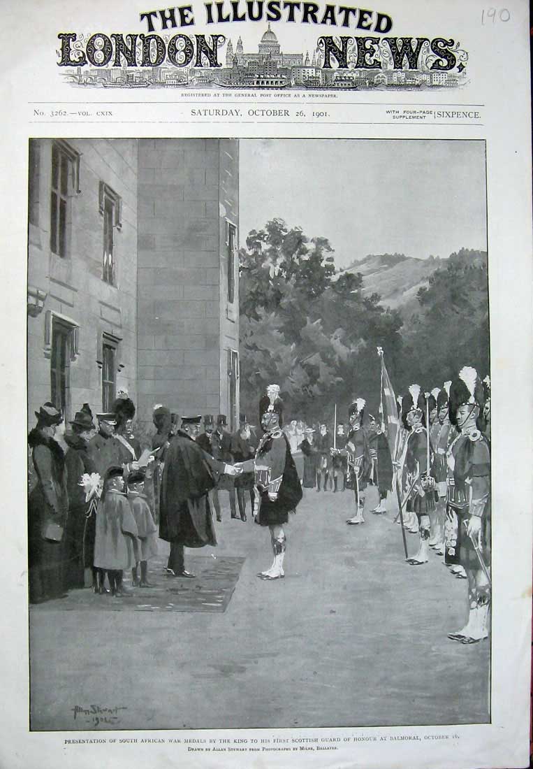 Old Antique Print South African War Medals King Balmoral Scots Guard 1901 20th
