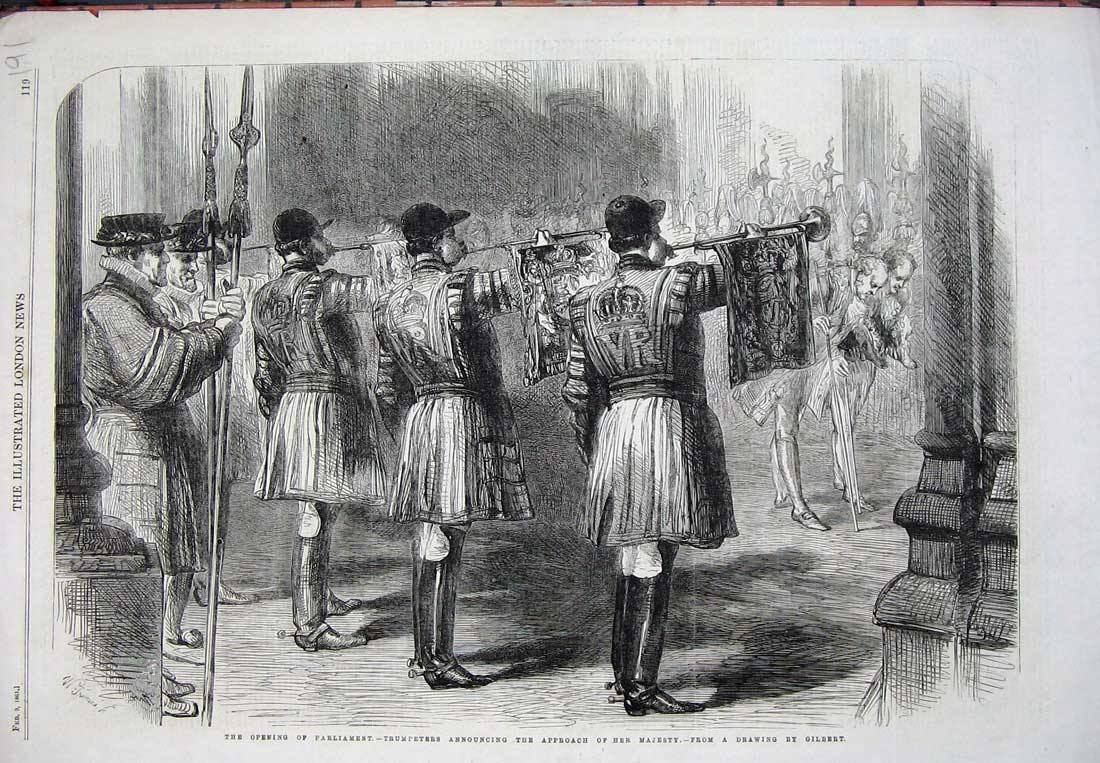 Original Old Antique Print 1861 Opening Parliament Trumpeters Majesty Queen