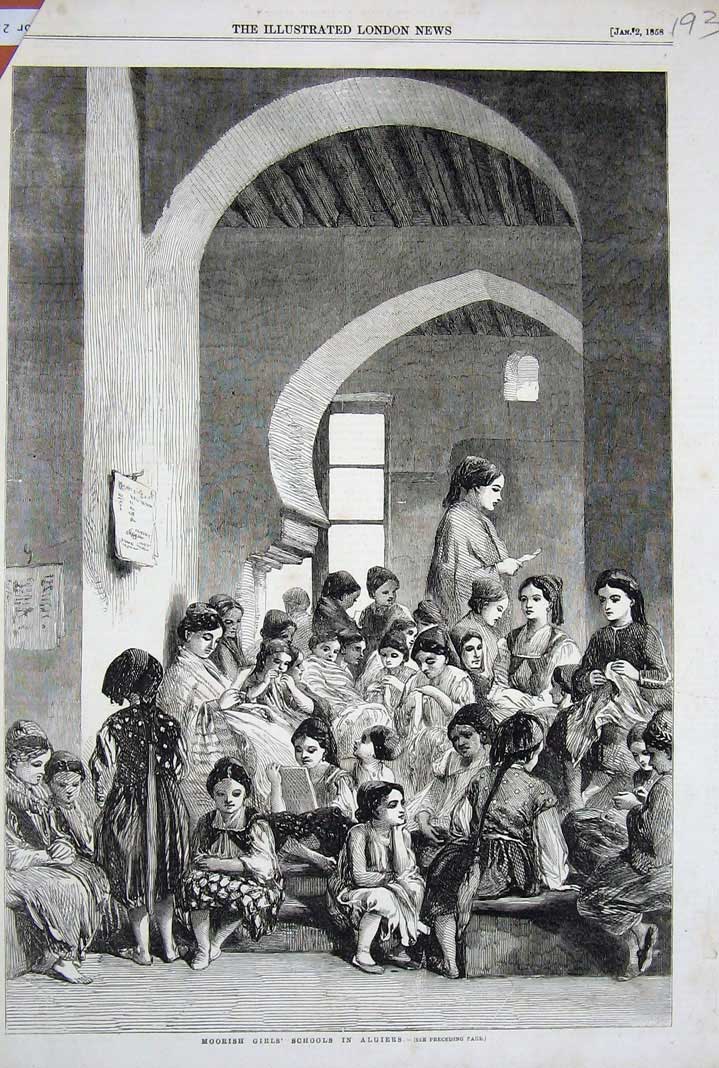 Original Old Antique Print 1858 Moorish Girls Schools Algiers Children Teachers