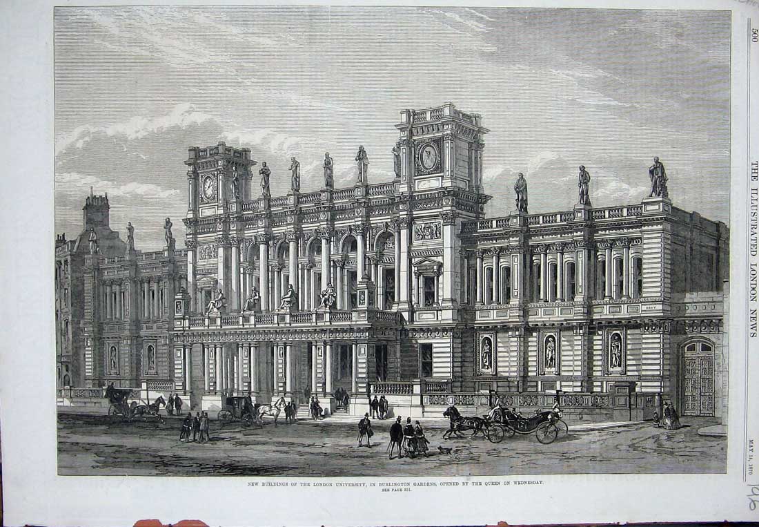Old Antique Print 1870 Buildings London University Burlington Gardens Art 19th