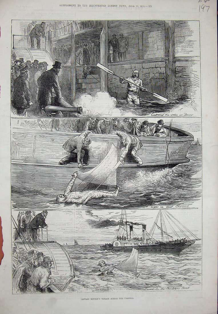 Old Antique Print 1875 Captain Boyton Voyage English Channel Boat Dover 19th