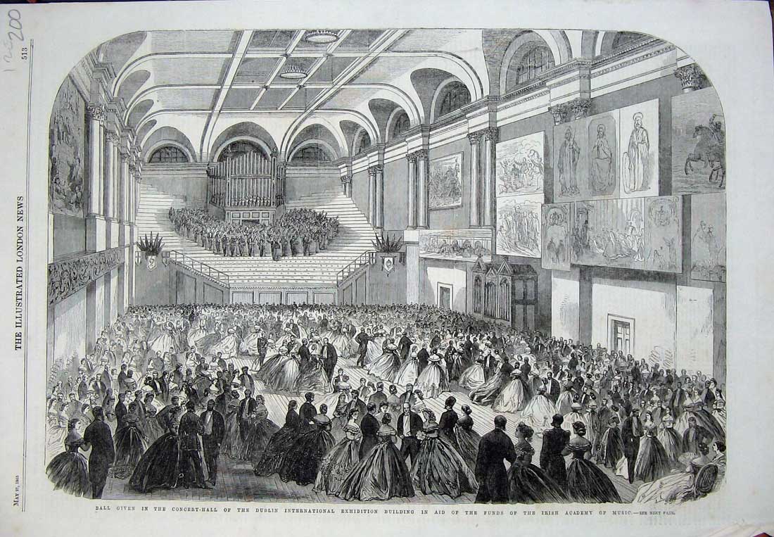 Old Antique Print 1865 Ball Concert-Hall Dublin Exhibition Building Music 19th