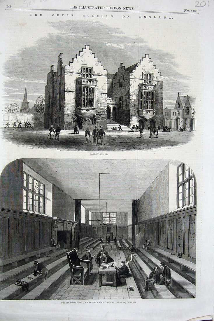 Original Old Antique Print Harrow School England 1862 Children Pupils Teachers