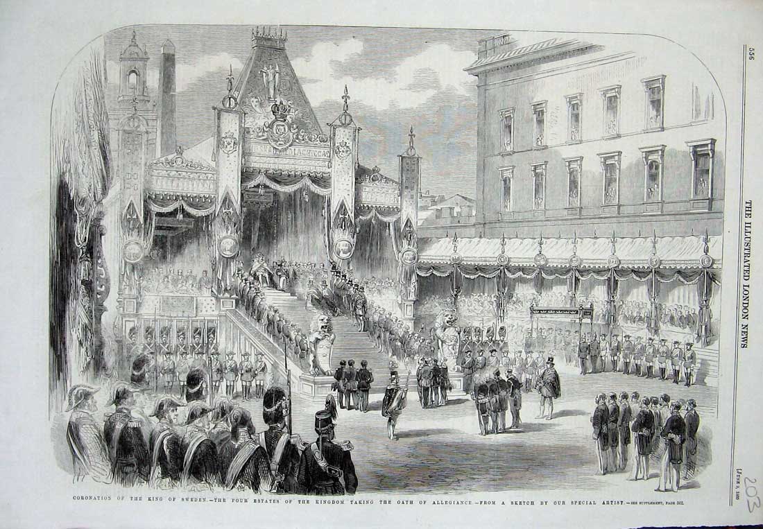 Original Old Antique Print 1860 Coronation King Sweden Oath Allegiance Siers