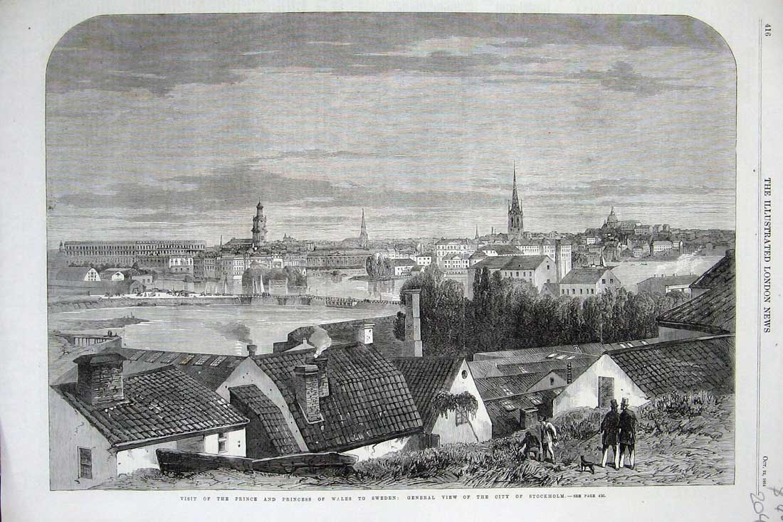 Old Antique Print Prince Princess Wales Sweden 1864 City Stockholm River 19th