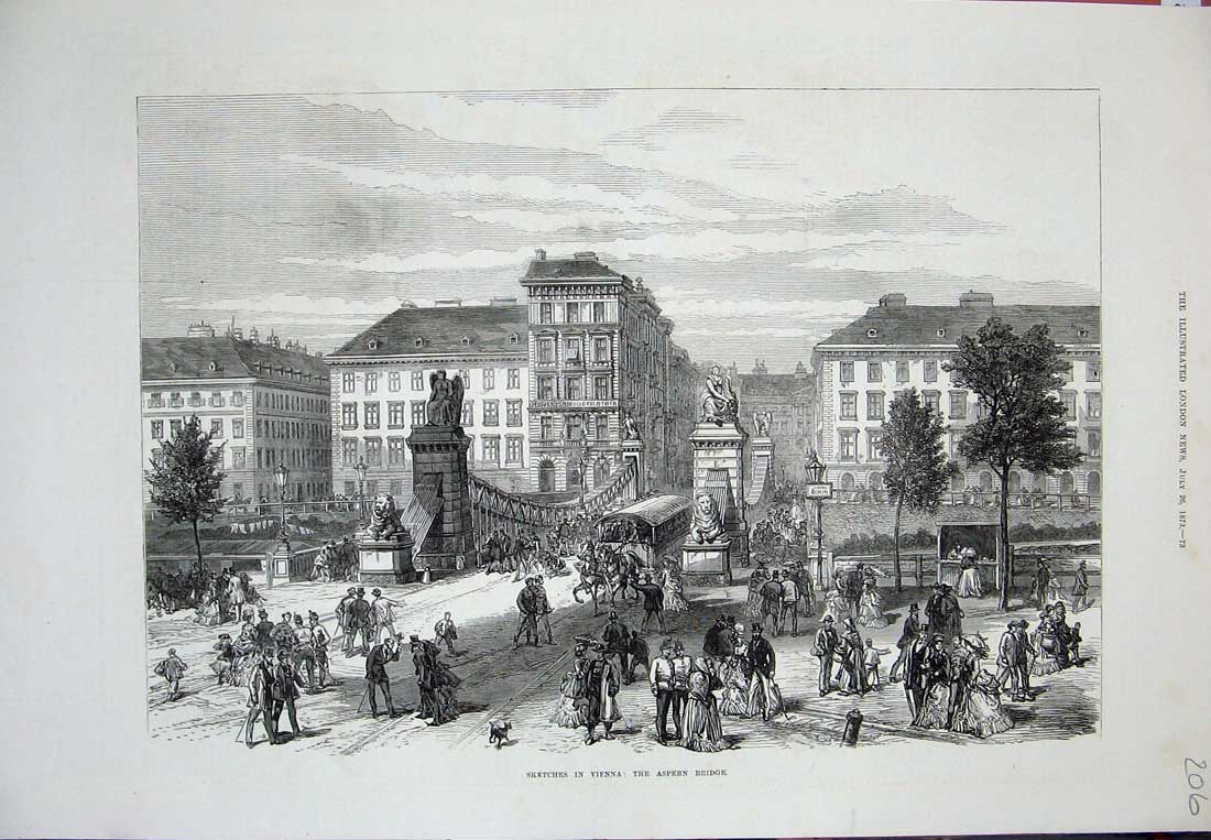 Original Old Antique Print 1873 Scnene Vienna Aspern Bridge Buildings Bridge
