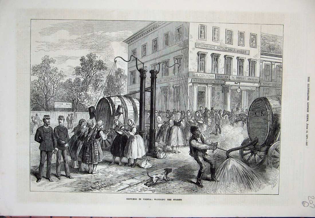 Original Old Antique Print 1873 Vienna Watering Streets Austria Wiener Bau 19th
