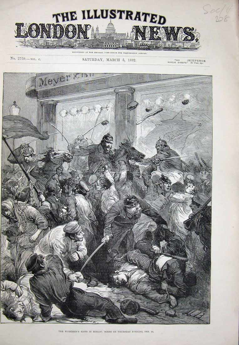 Old Antique Print 1892 Workmen'S Riots Berlin Germany Policemen Fine Art 19th