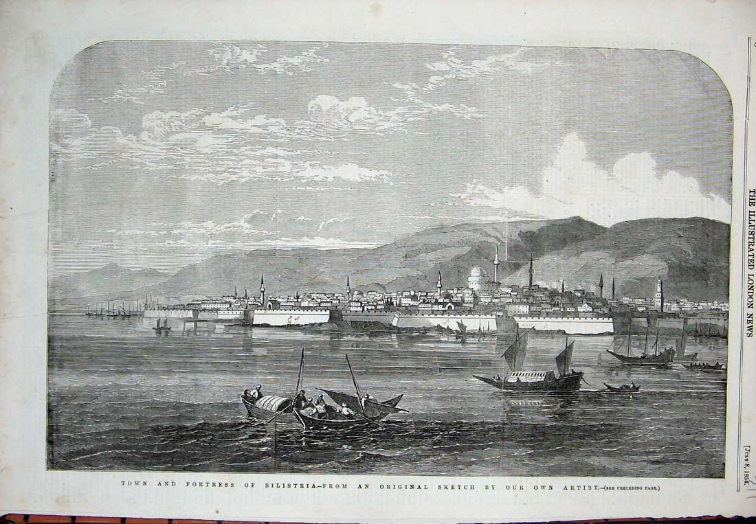 Old Antique Print 1854 Town Fortress Silistria Boats Mountains Fine Art 19th