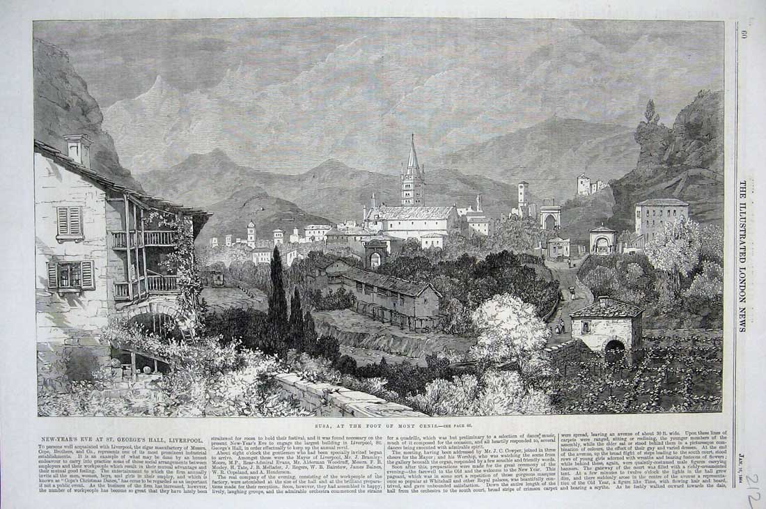 Original Old Antique Print View Susa Mont Cenis Town Houses 1864 Mountains 19th