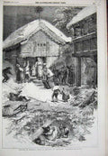 Original Old Antique Print 1856 Winter Scene Norway Houses Children Tidemand