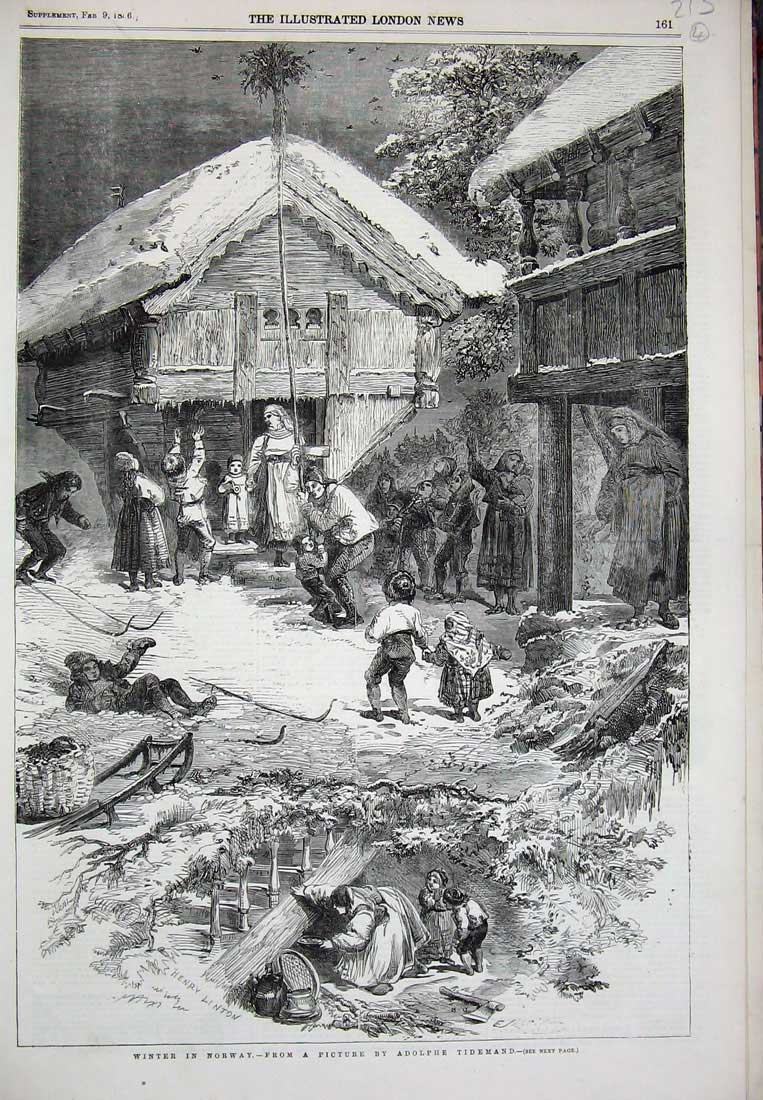 Original Old Antique Print 1856 Winter Scene Norway Houses Children Tidemand